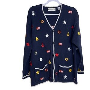 Vintage  Marisa Christina Navy Blue  Embroidered Nautical Cardigan Sz Lg READ
